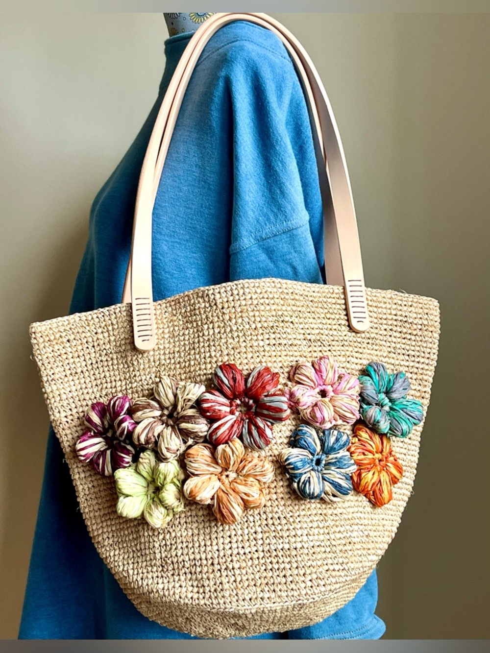 Handwoven Raffia Tote with Multicolor Floral Accents and Leather Straps